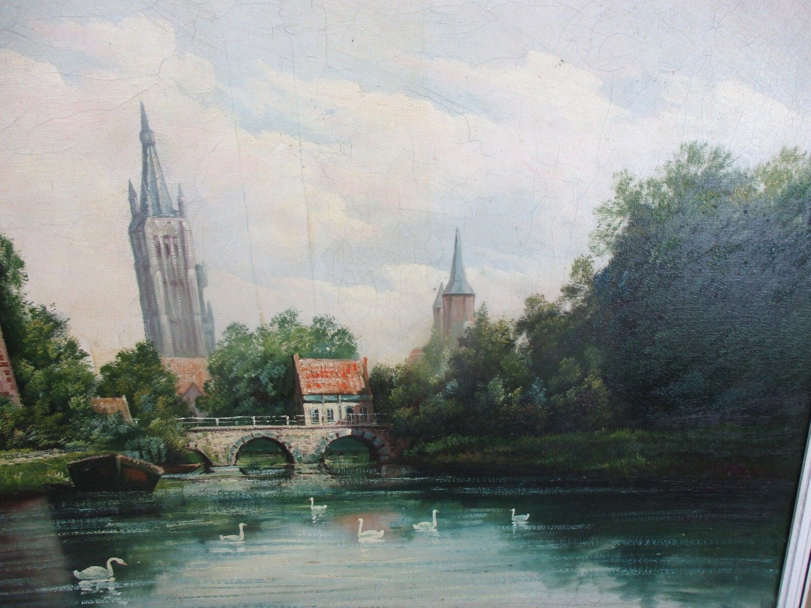 Oil Painting Canvas Wooden Frame Gorgeous Land Cityscape Swans Bridge Signed photo 148.0