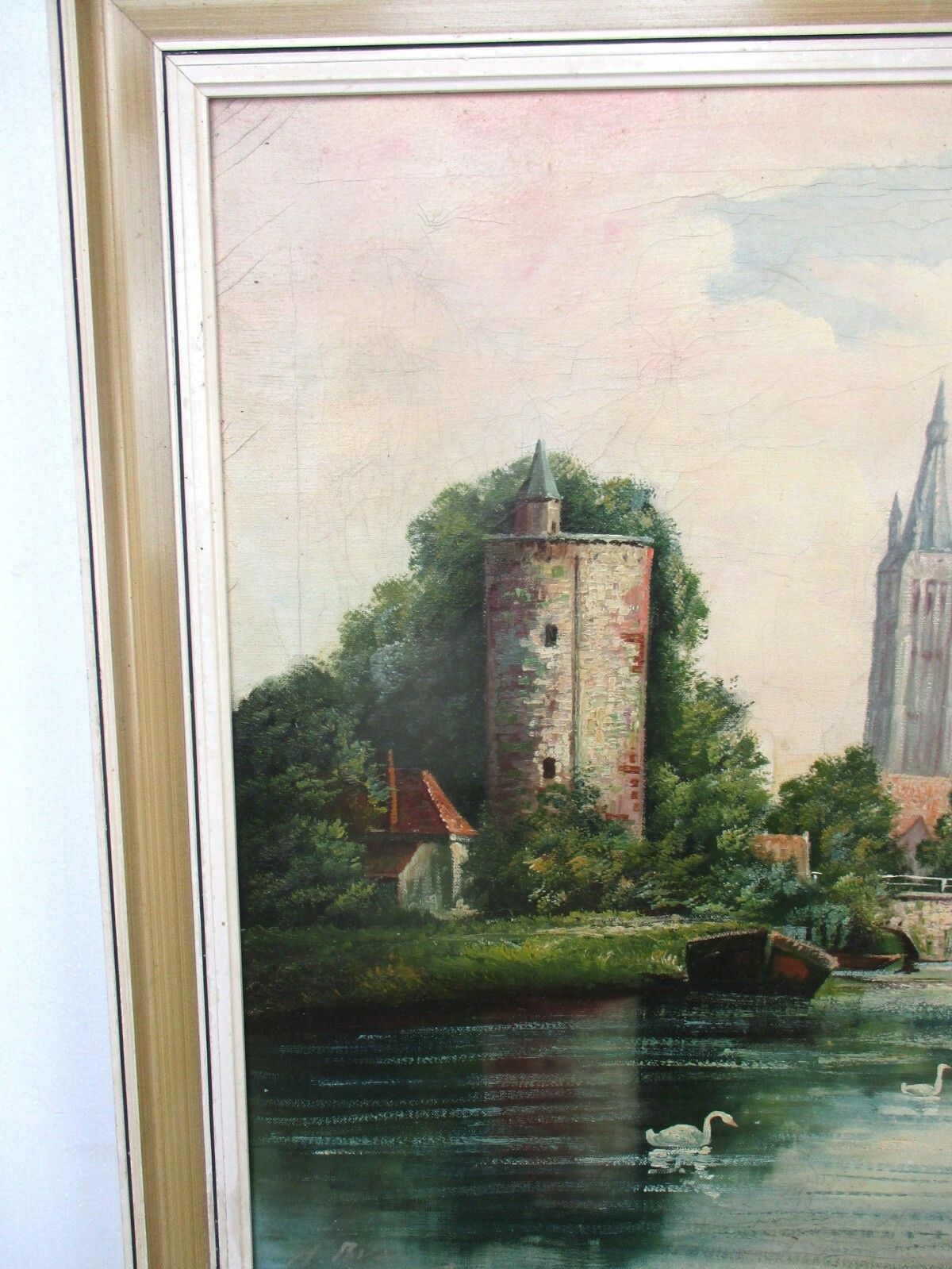 Oil Painting Canvas Wooden Frame Gorgeous Land Cityscape Swans Bridge Signed photo buy