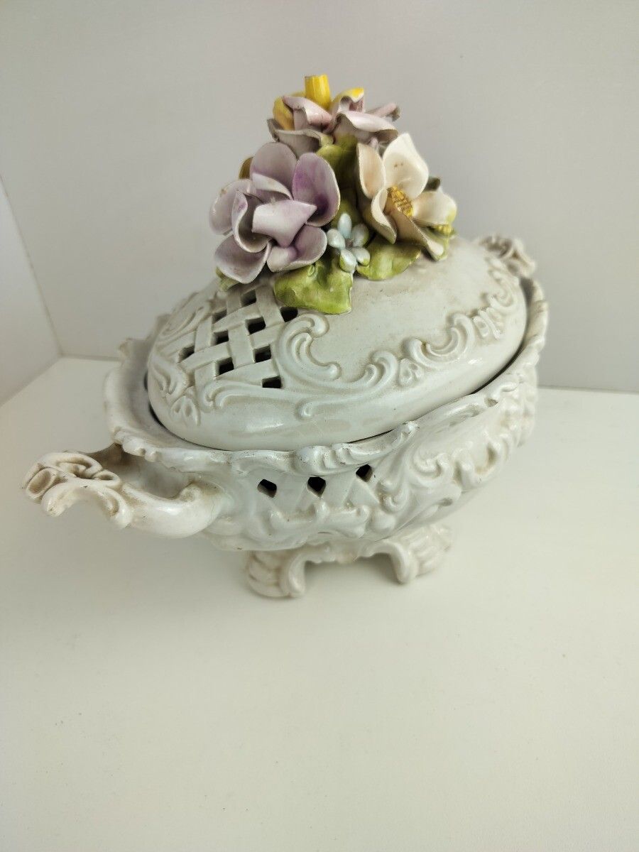 Art Deco Dish Bowl Lidded 3d Porcelain Flowers Antique Centerpiece Bassano Italy photo Home Decor