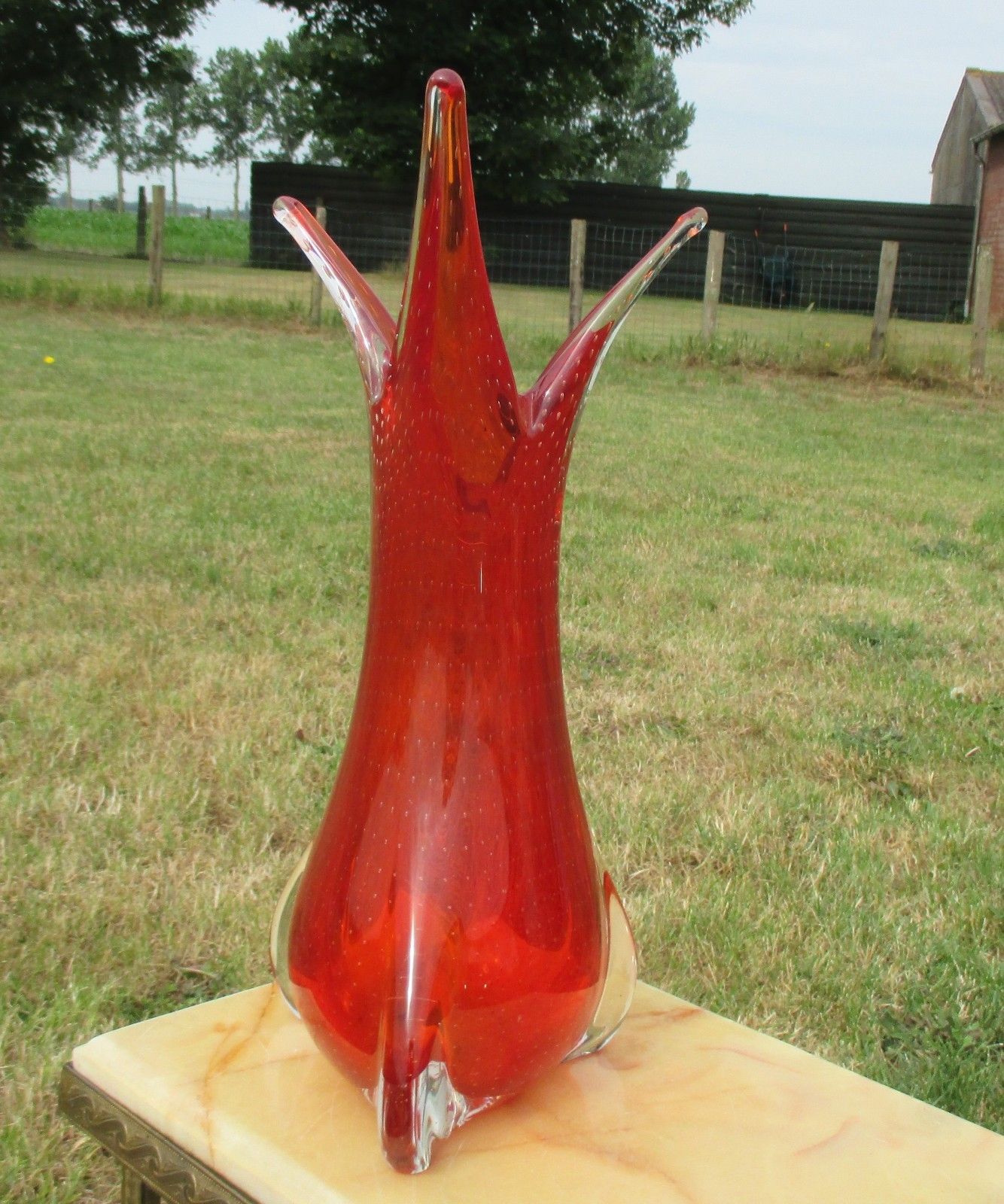 Vintage Red Vase  Mid Century Glass Goblet Vase Jar Controlled Bubbles photo furniture