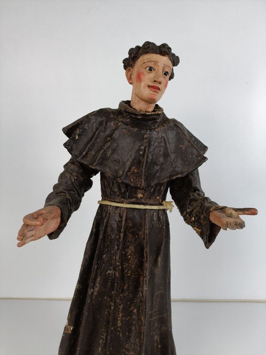 Antique Statue St Anthony Padua Paper Mache Wood Terra Cotta 18th Century  Glass photo for sale