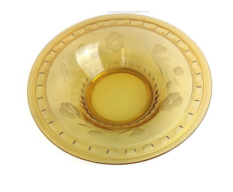 Gorgeous Art Deco Antique Art Glass Brown Amber Etched Flowers Serving  Dish B