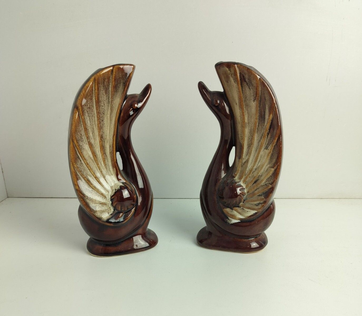 Pair Of Art Deco Antique Small Vases Duck Heads Glazed Brown Ceramic Lovely photo furniture