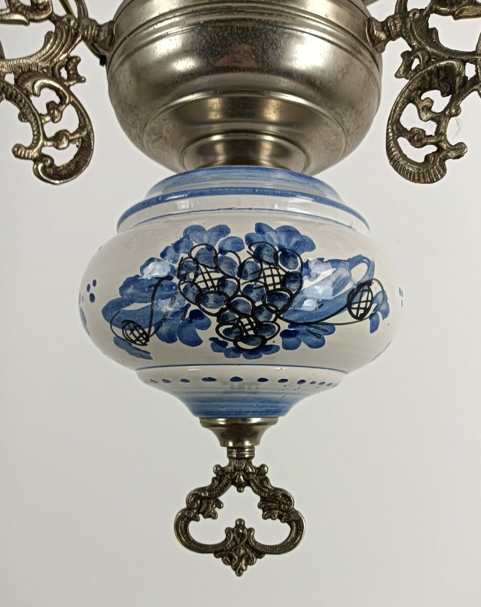 Gorgeous Delft Chandelier Blue White With Lampe Belge Antique French Count photo 607.0