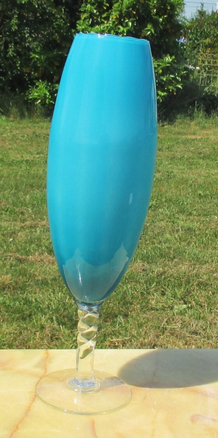 Italian Cased Opaline Turquoise Art Glass Vase Era Murano Opaline photo furniture