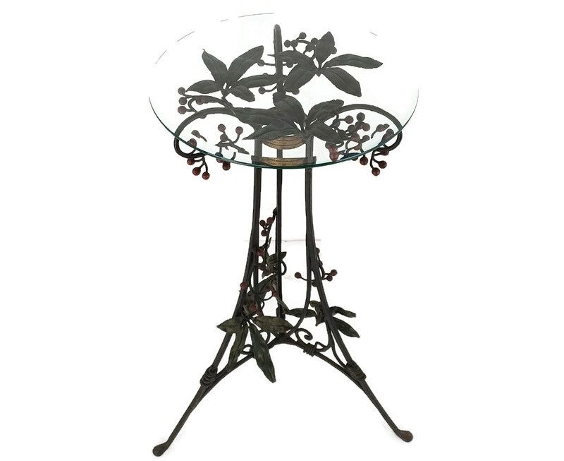 Wrough Iron Table Grapes Cast Iron Gorgeous Art Deco Side Table Pedestal Beveled