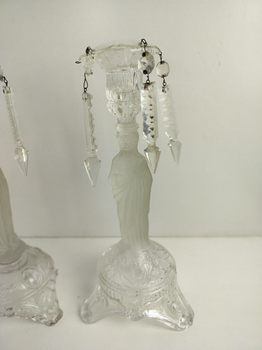 Couple Candle Holders Art Glass S  Holy Heart Virgin Mary Christ Prisms Vintage photo furniture