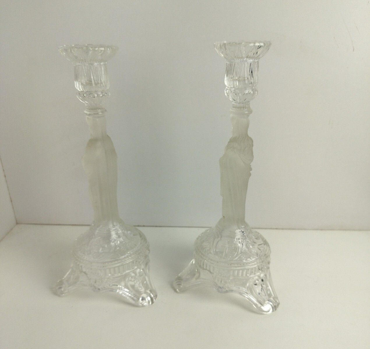 Couple Candle Holders Art Glass S  Holy Heart Virgin Mary Christ Prisms Vintage photo vinterior