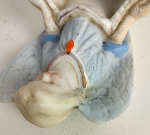 Small Antique Holy Water Font Pastel Blue Angel Porcelain Bisque Vessel Wall Han photo vintage
