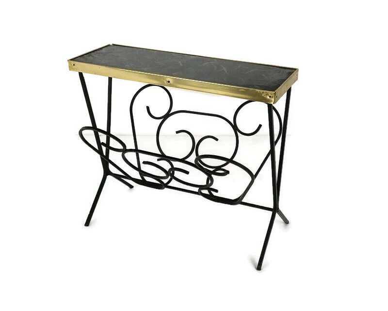 Vintage Mid Century Modern Magazine Newspaper Basket Rack Funky  Wrought Iron Fa