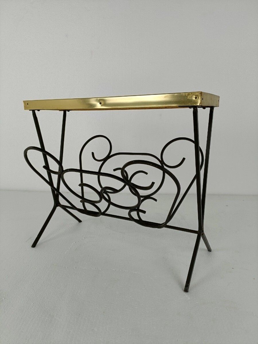 Vintage Mid Century Modern Magazine Newspaper Basket Rack Funky  Wrought Iron Fa photo for sale