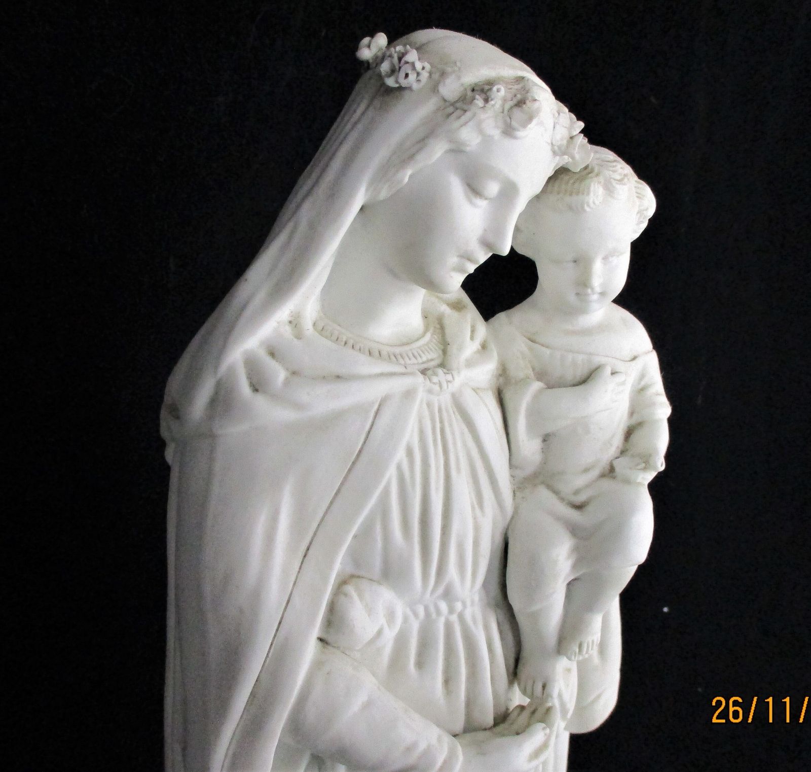 Large French Antique 1900 Bisque Statue Virgin Mary Our Lady Madonna Infant Jesu photo for sale