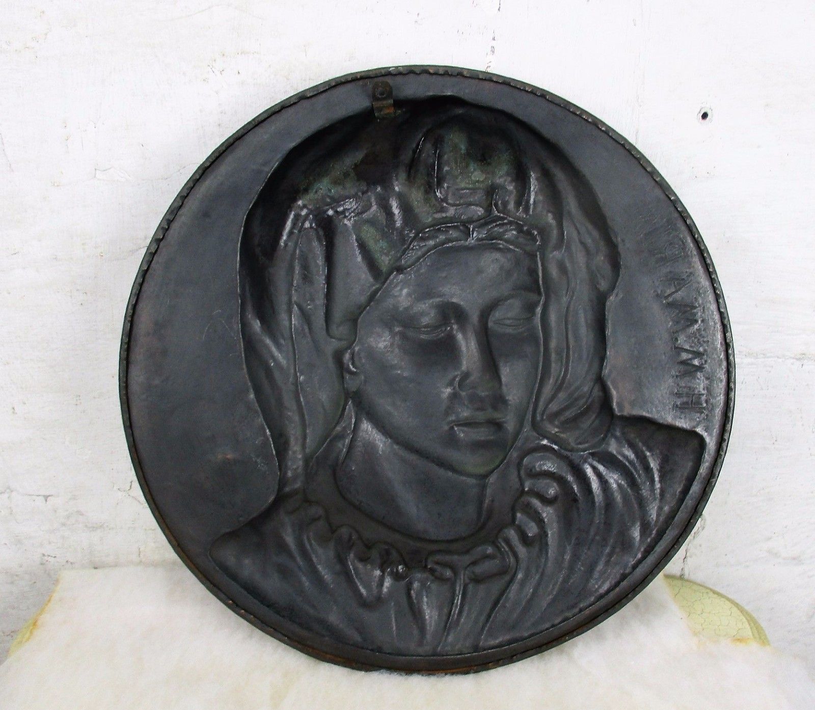 Large Hammered  Red Copper Wall Plate Virgin Mary Madonna Gorgeous 18.5" photo buy