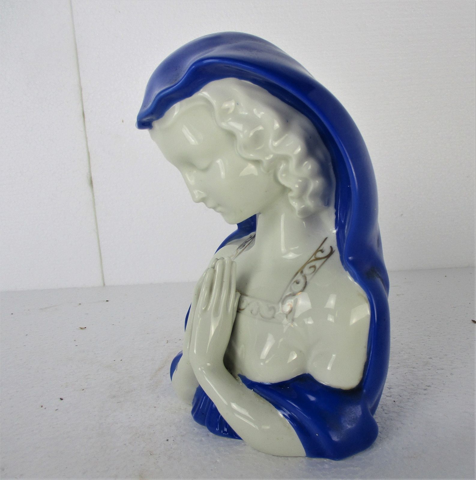Rare Bavaria Porcelain Elegant Statue Bust Madonna Virgin Mary Germany Blue Whit photo for sale