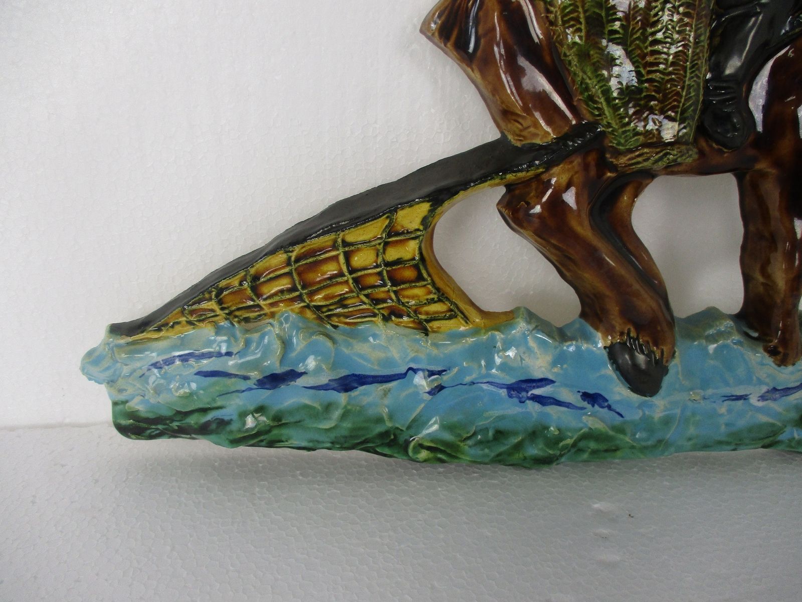 Lovely Modernist Ceramic Wall Plaque Fisherman Shrimps Sea Horse Polychrome Sign photo for sale