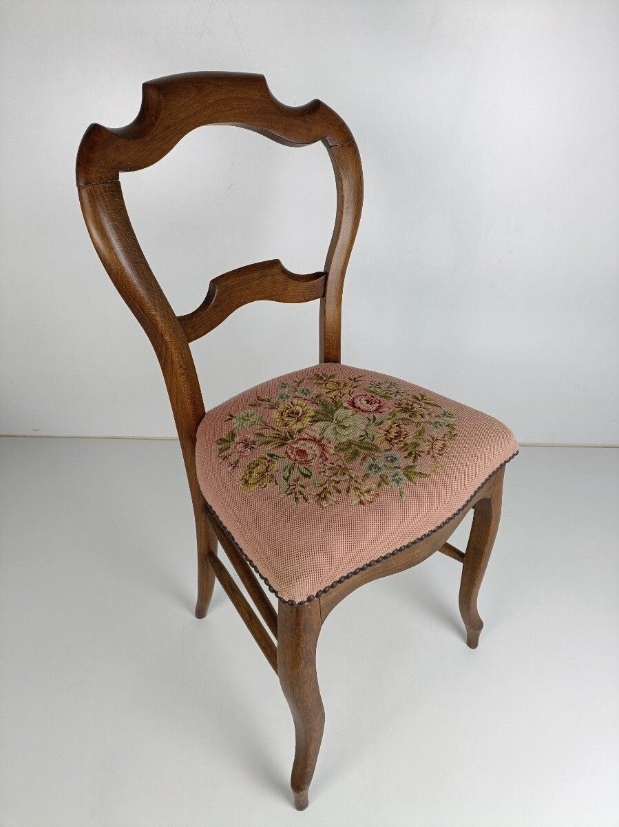 Parlor Chair French Provincial Hobnails Needlepoint  Fabric Ornate Carved Wood V photo for sale
