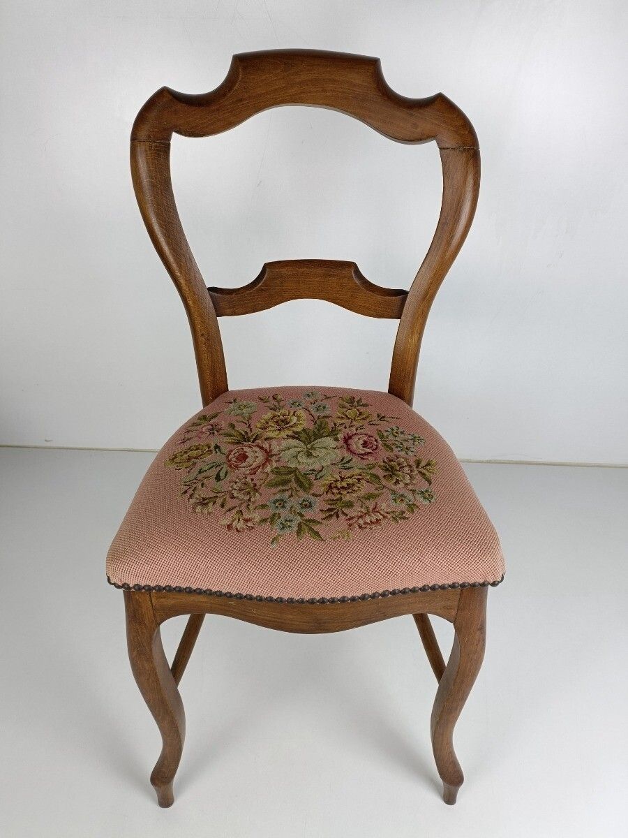 Parlor Chair French Provincial Hobnails Needlepoint  Fabric Ornate Carved Wood V photo Furniture