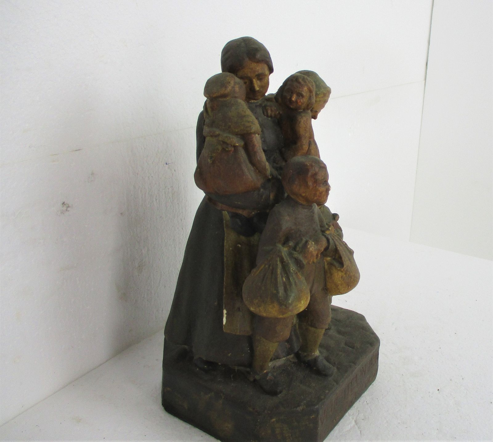 Statue Figurine Sculpture Children With Mother Titled Refugees Signed O Van Haeg photo for sale