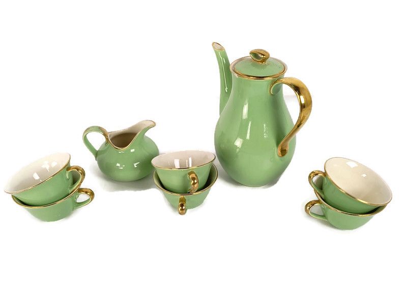 Coffee Tea Set  Boch Freres Keralux Belgium Expo 58, Mint Green Gold 24 K Boch S