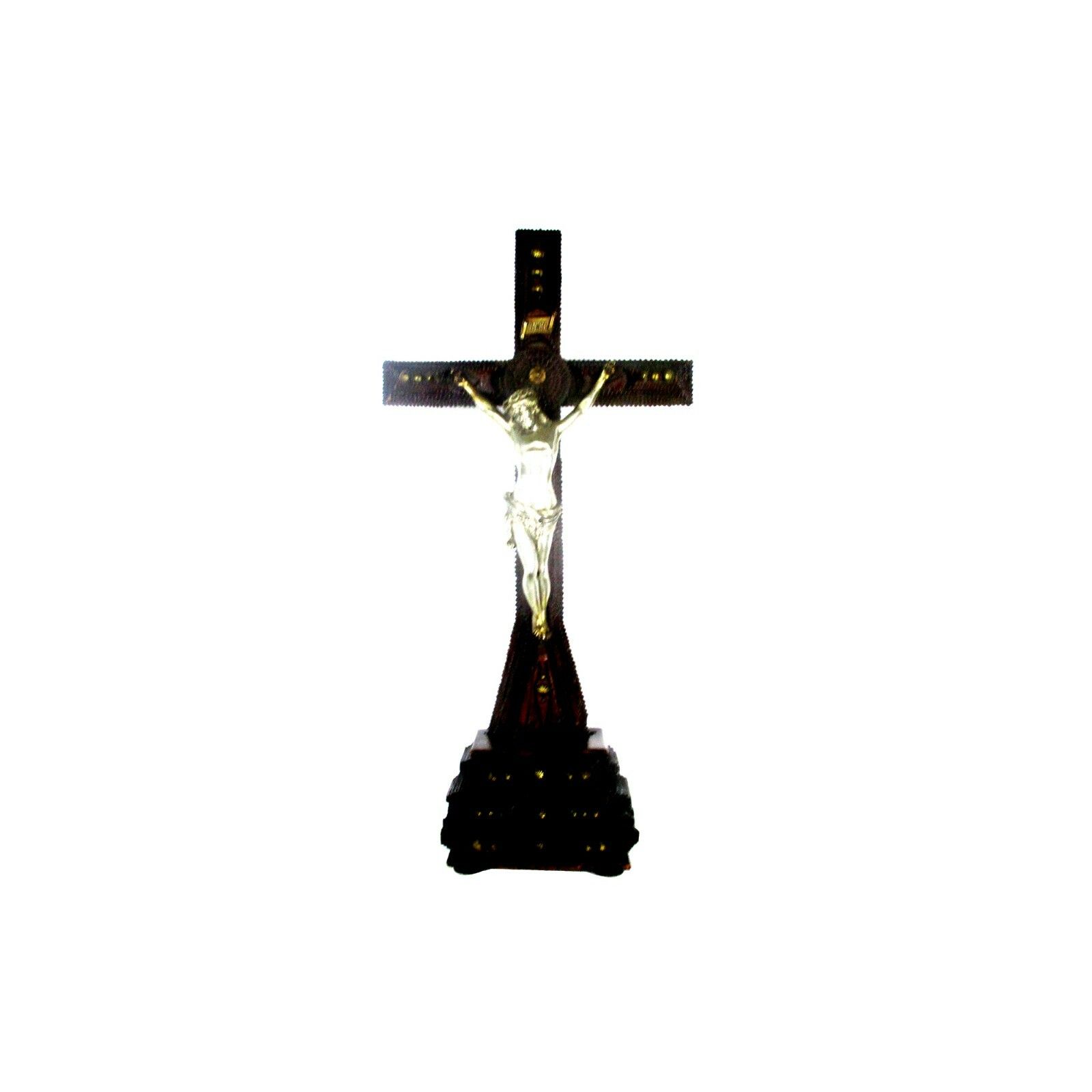 Xl Altar Standing Crucifix Corpus Christi Hand Carved Wood Spelter Folk Art photo for sale