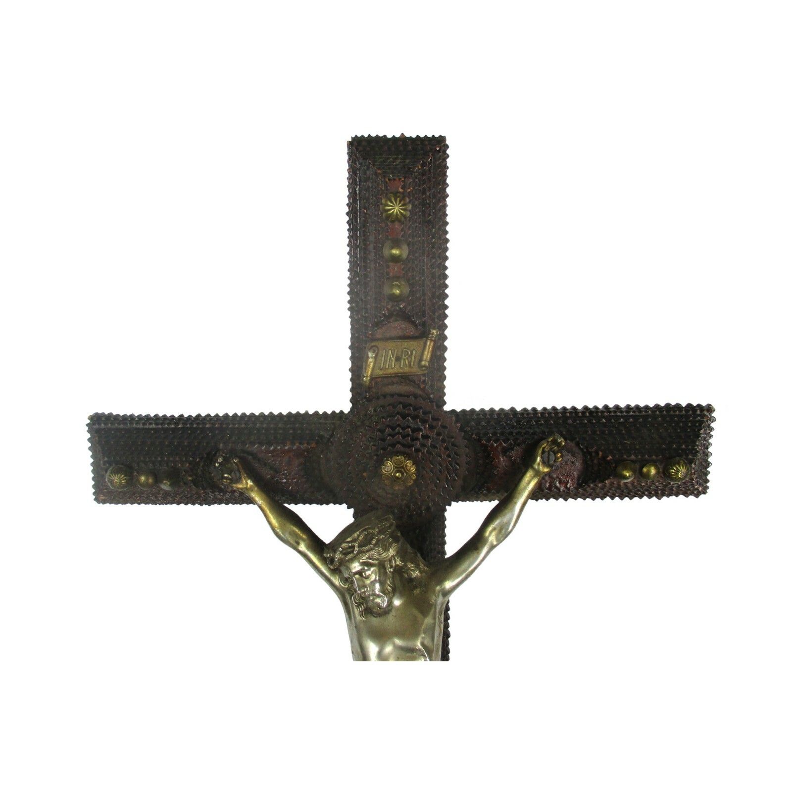 Xl Altar Standing Crucifix Corpus Christi Hand Carved Wood Spelter Folk Art photo Art