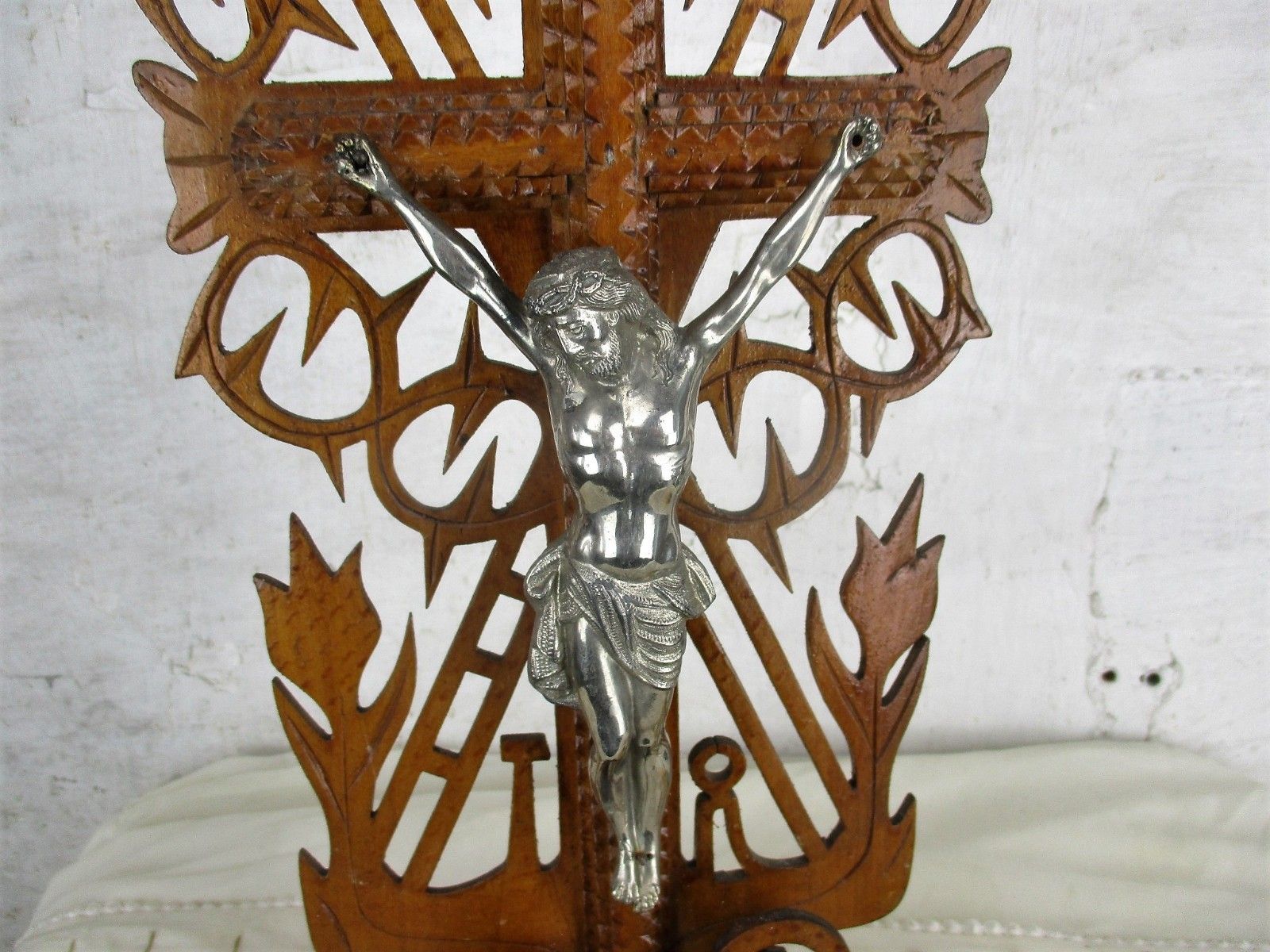 Tramp Trench Tramp Folk Art Standing Hand Carved Wooden Crucifix Rooster Htf photo for sale