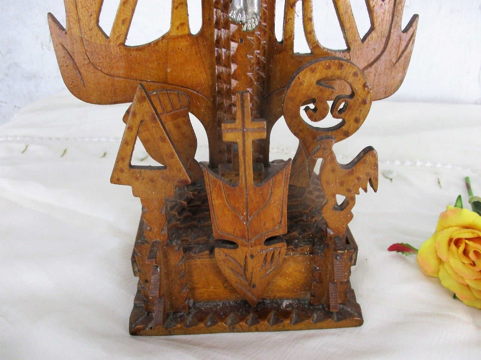 Tramp Trench Tramp Folk Art Standing Hand Carved Wooden Crucifix Rooster Htf photo Art