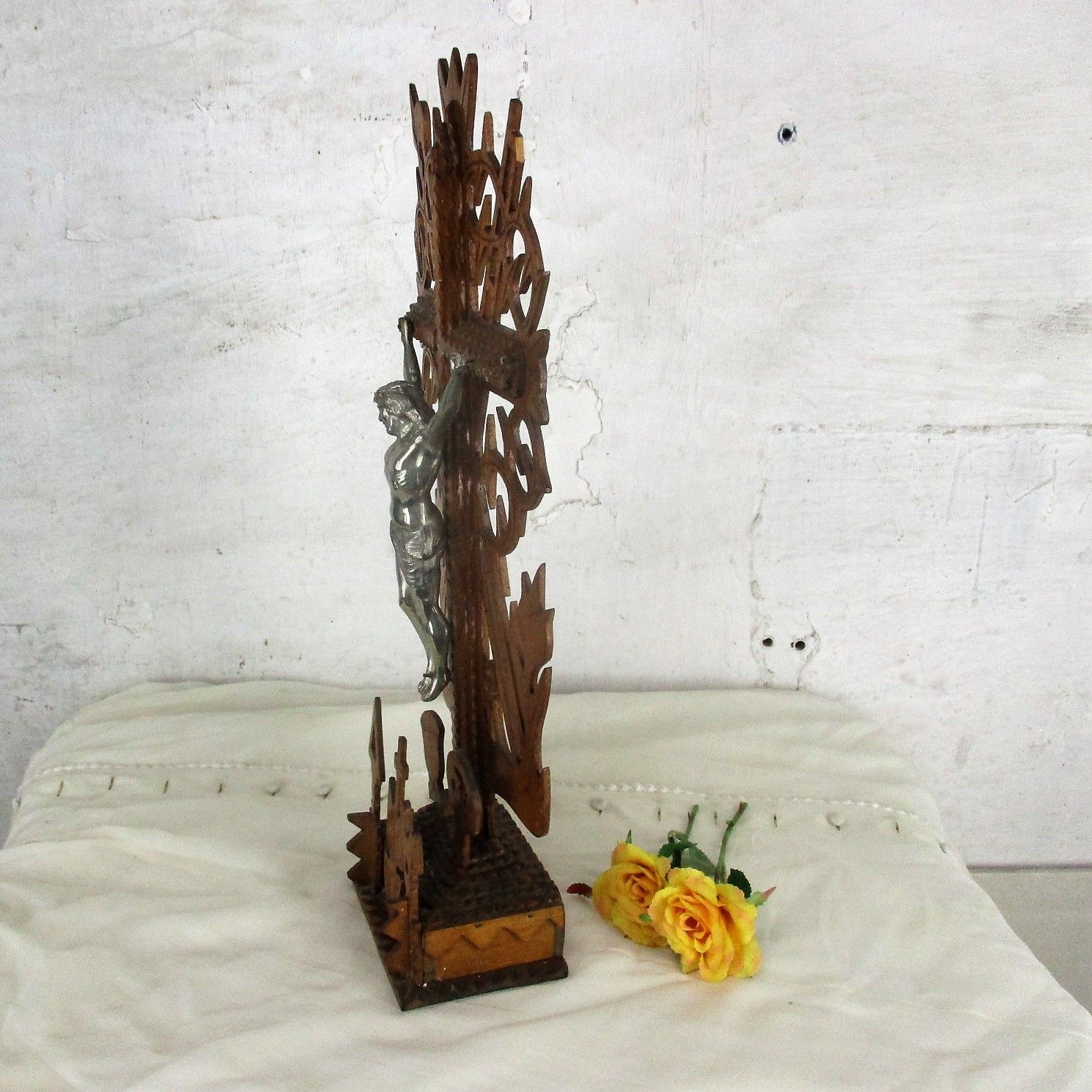 Tramp Trench Tramp Folk Art Standing Hand Carved Wooden Crucifix Rooster Htf photo buy