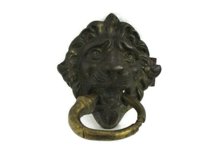 Antique 19th Century Brass Door Knocker Lions Head Ring Architectural Gorgeous R