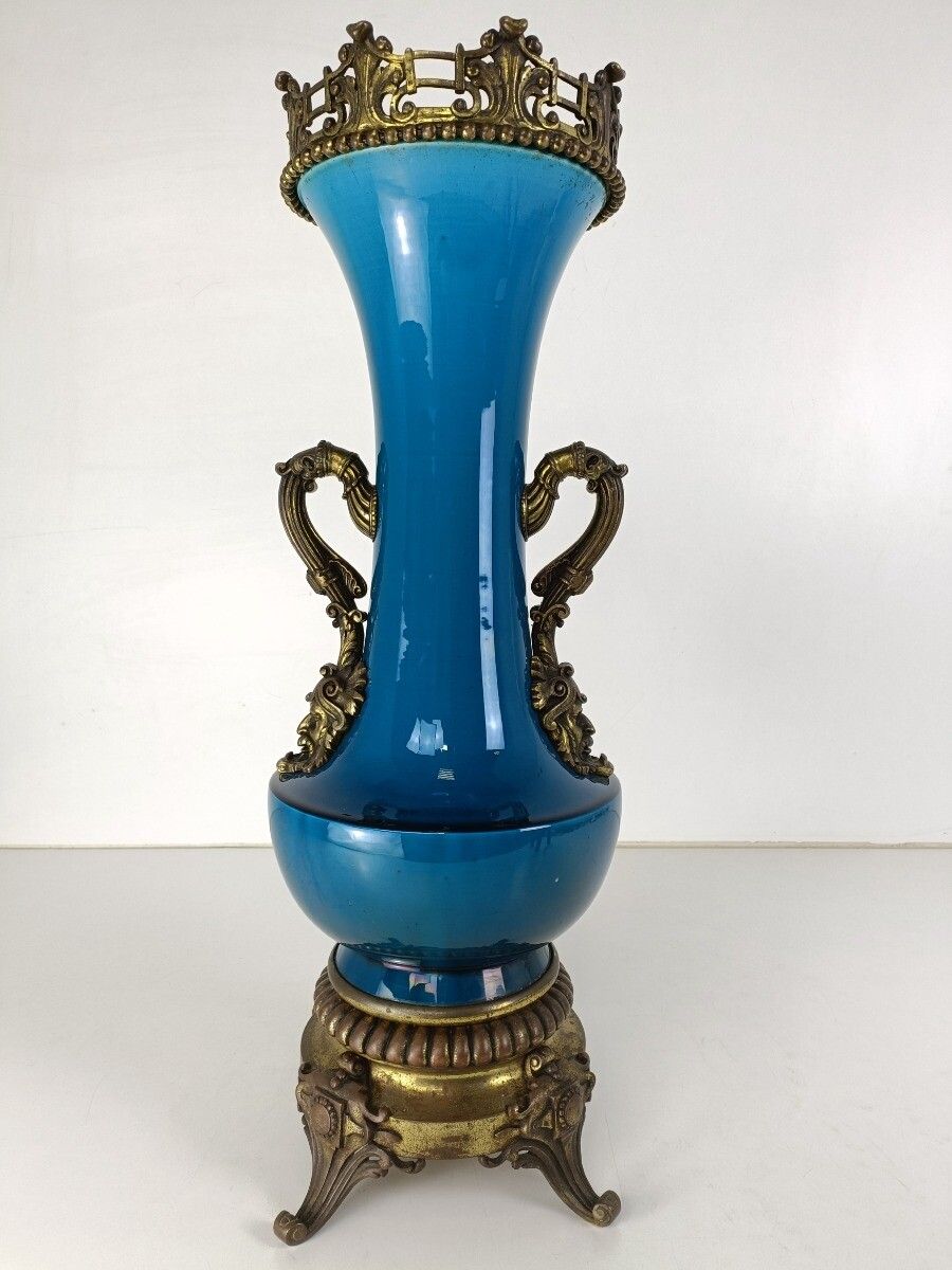 Large J. Massier For Vallauris Blue Ceramic Vase Urn With Bronze Details Gorgeou photo furniture