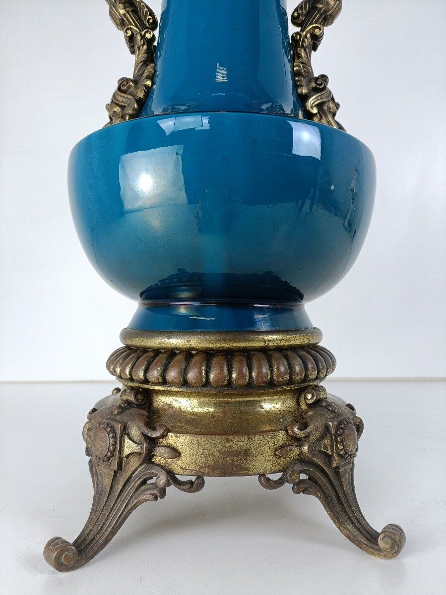 Large J. Massier For Vallauris Blue Ceramic Vase Urn With Bronze Details Gorgeou photo for sale