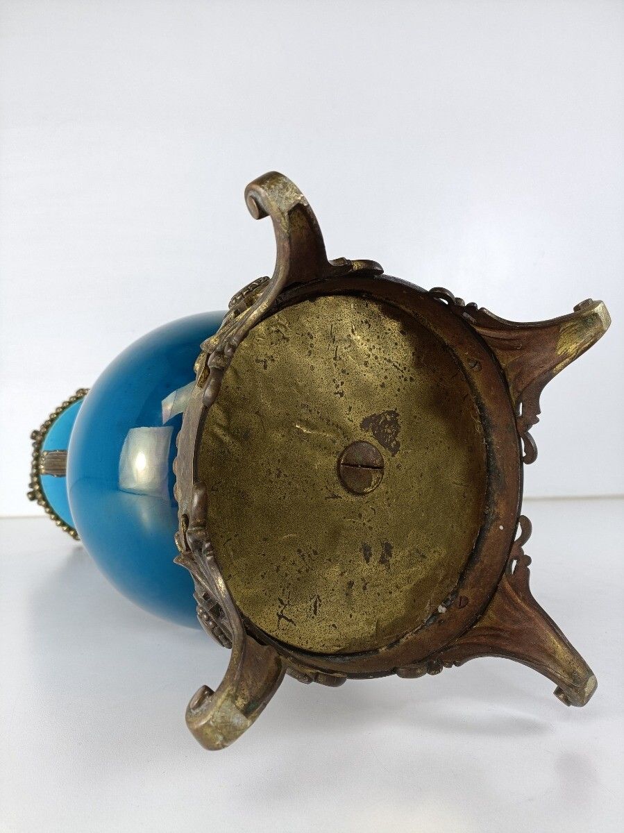 photo for sale Large J. Massier For Vallauris Blue Ceramic Vase Urn With Bronze Details Gorgeou