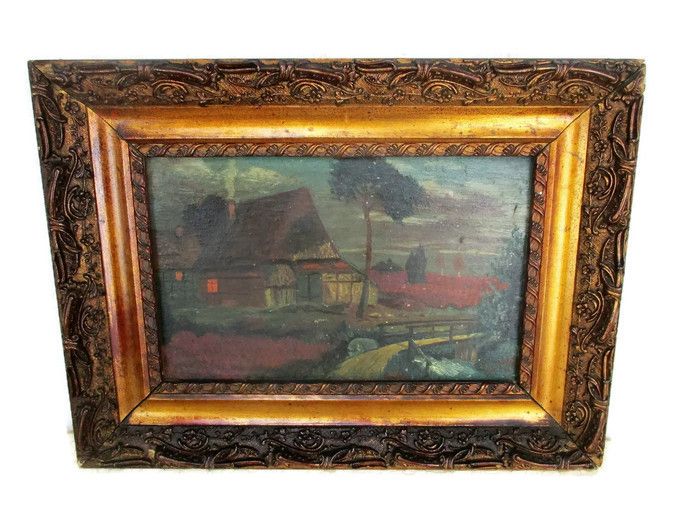 Oil Painting Framed  Expressionist Ferdinant Slock Netherlands Polder Landscape