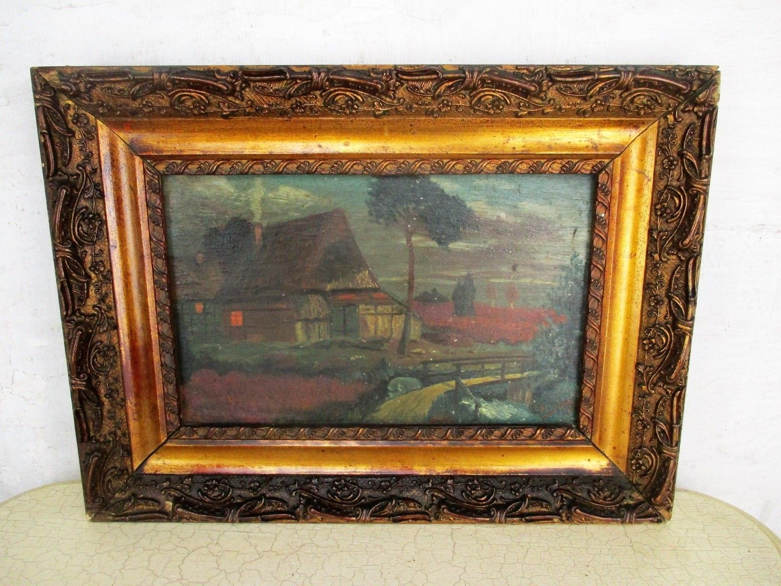 Oil Painting Framed  Expressionist Ferdinant Slock Netherlands Polder Landscape photo vinterior