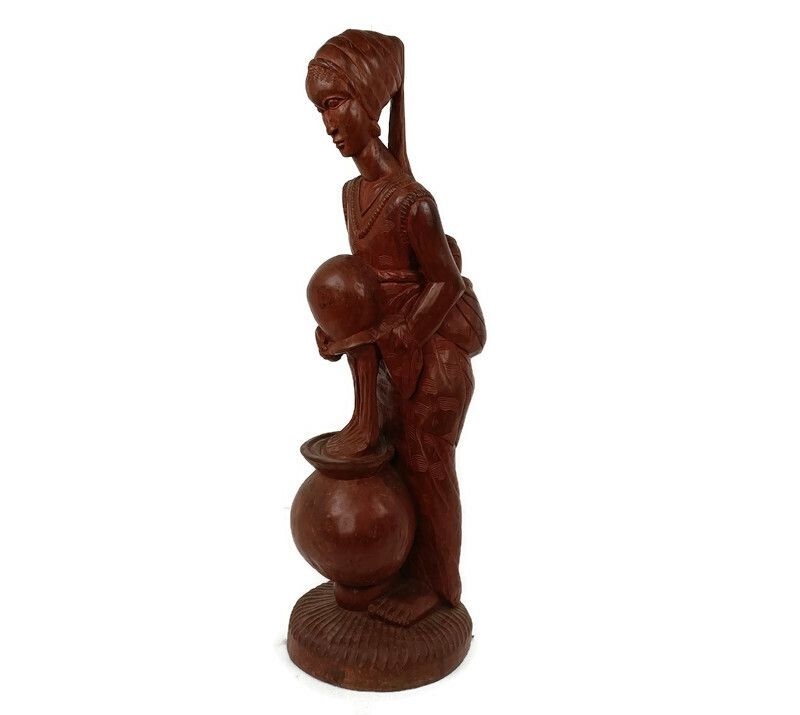 Large Hand Carved Wooden Statue Figurine African Tribal Woman With Baby