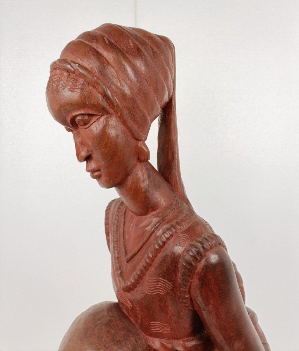 Large Hand Carved Wooden Statue Figurine African Tribal Woman With Baby photo for sale