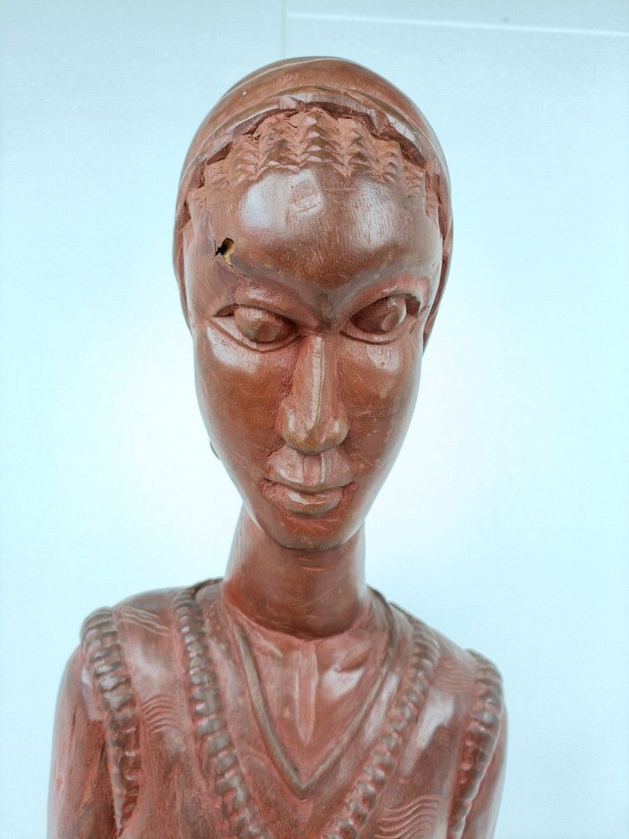 photo furniture Large Hand Carved Wooden Statue Figurine African Tribal Woman With Baby