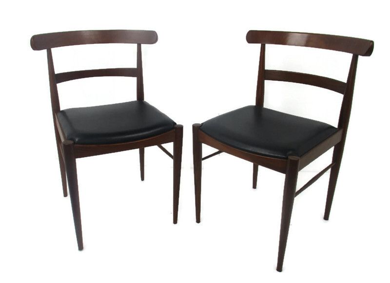 Pair Vintage Dining Chairs Scandinavian Modernist Style Teak Faux Leather French