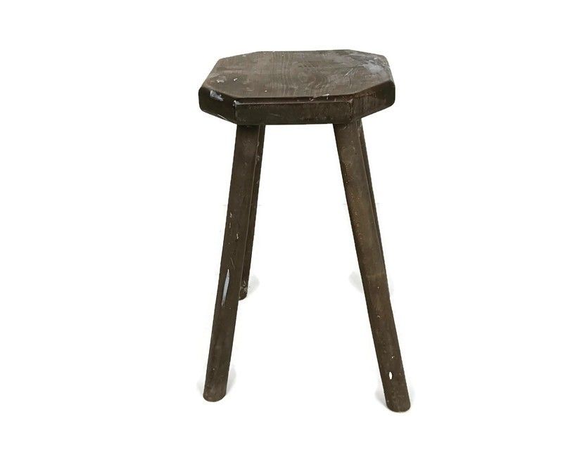 Vintage Carved Wooden  Milking Stool Side Table Pedestal Plant Stand Barn Style