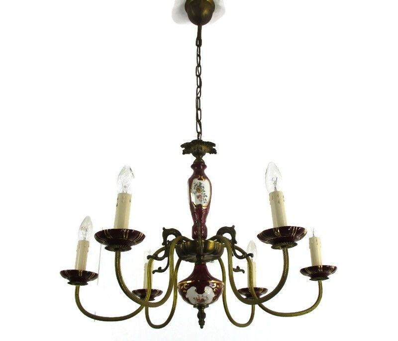 Chandelier 6 Arms Lights Ceramic Porcelain Ceramic  Blue Gold Mid Century Italy