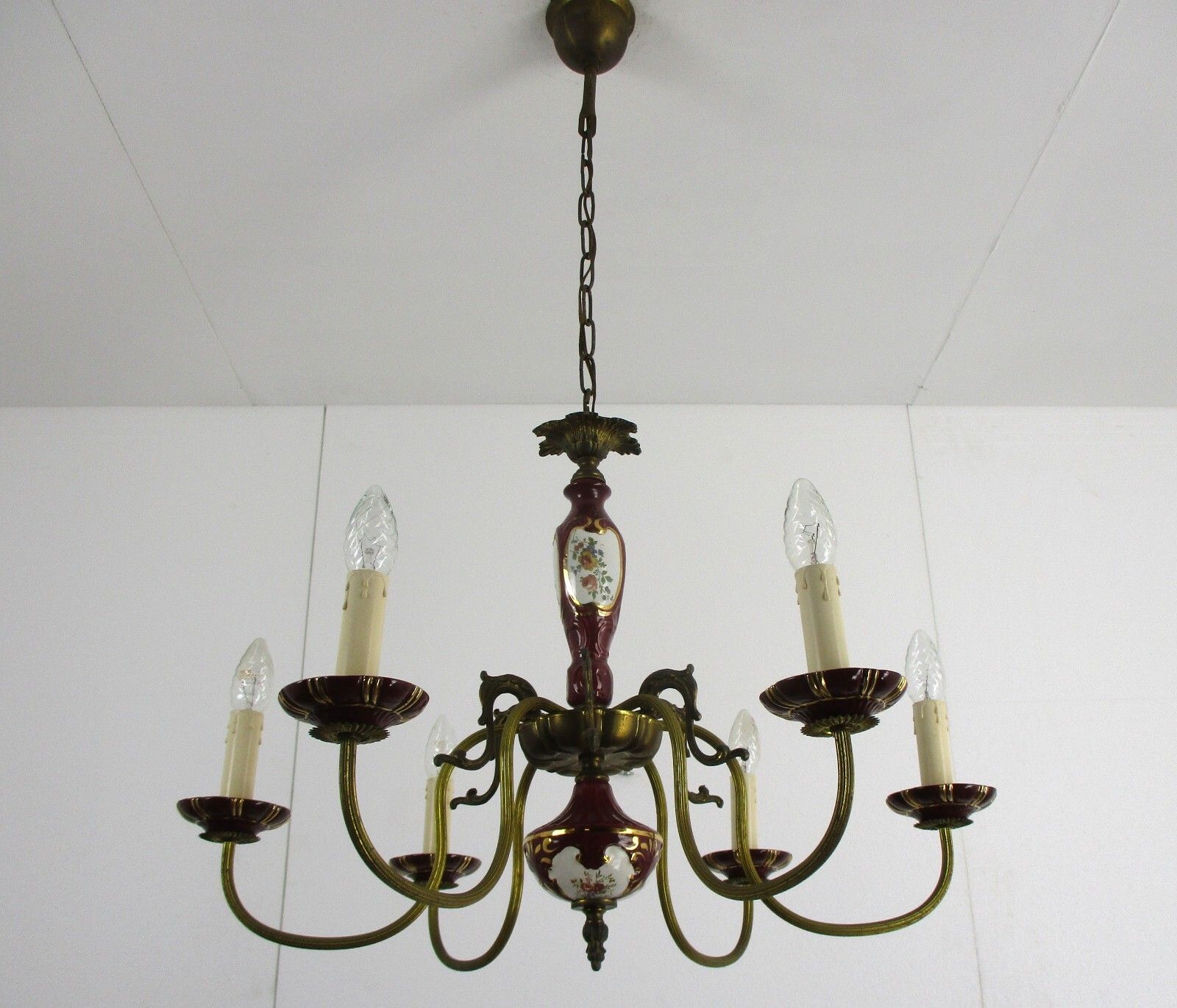 Chandelier 6 Arms Lights Ceramic Porcelain Ceramic  Blue Gold Mid Century Italy photo 462.0