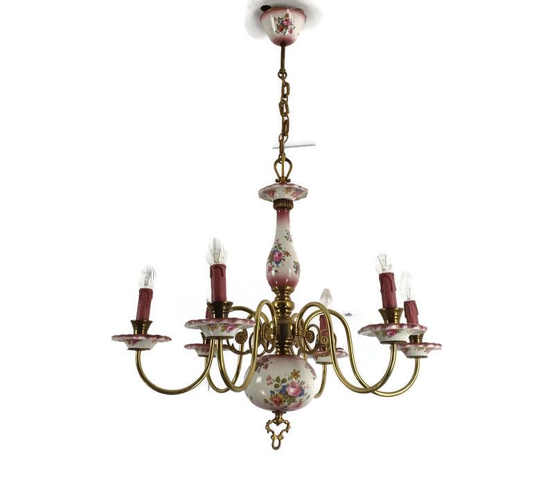 Vintage Porcelain Pink Flower Chandelier 6 Arm 6 Lights Italian Modernist