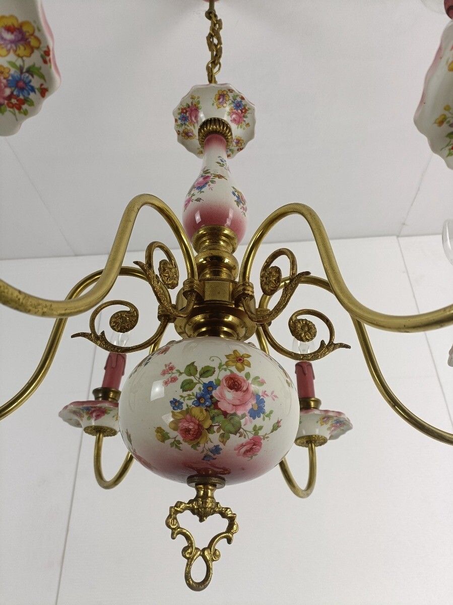 Vintage Porcelain Pink Flower Chandelier 6 Arm 6 Lights Italian Modernist photo buy