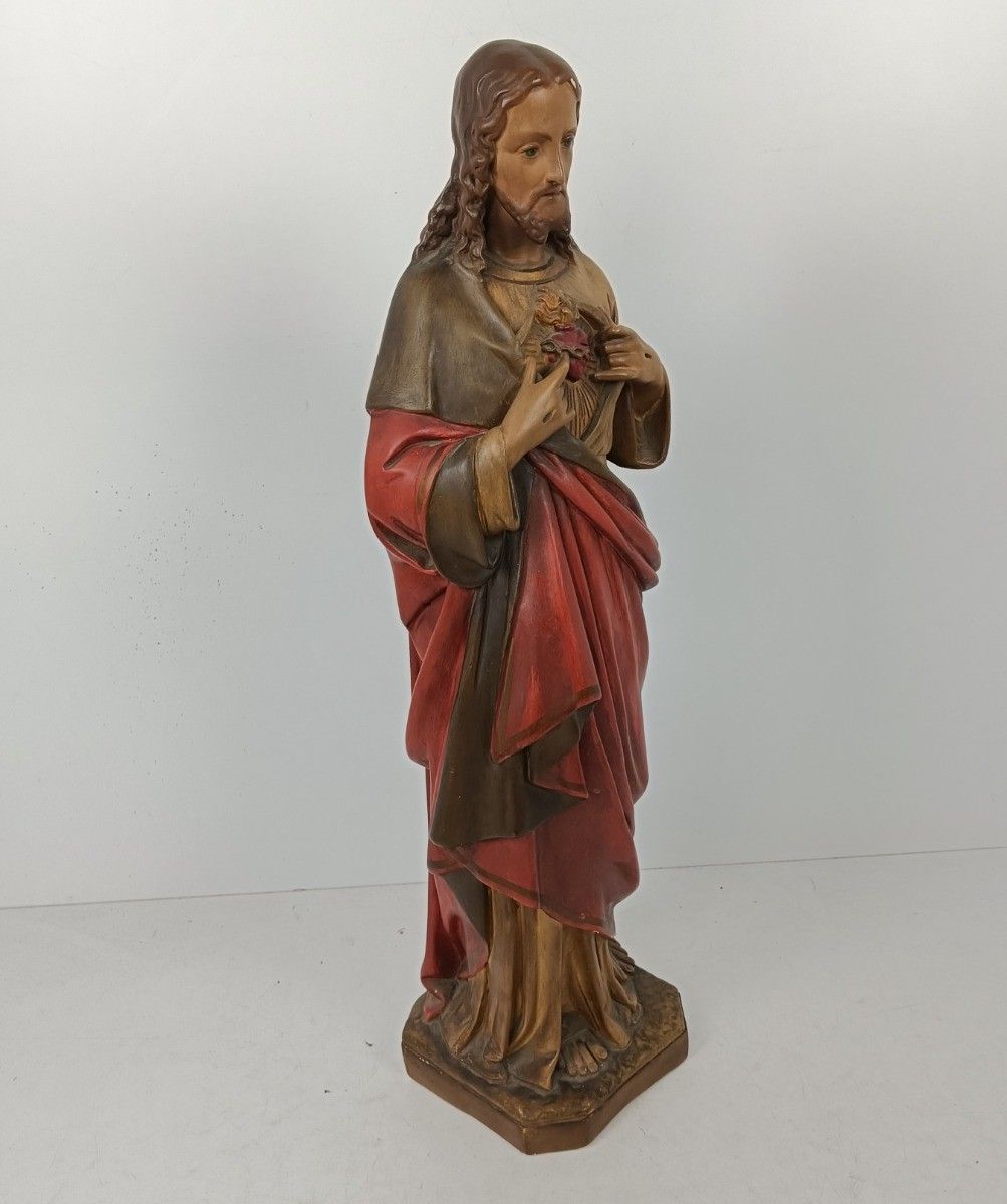 Large Antique 1900 Church Chapel Statue Jesus Christ Sacred Heart Polychrome Neo photo furniture
