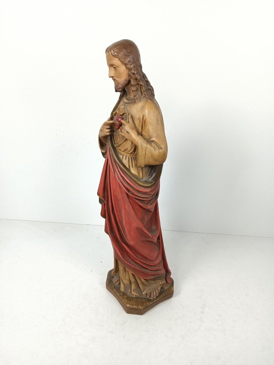 Large Antique 1900 Church Chapel Statue Jesus Christ Sacred Heart Polychrome Neo photo for sale