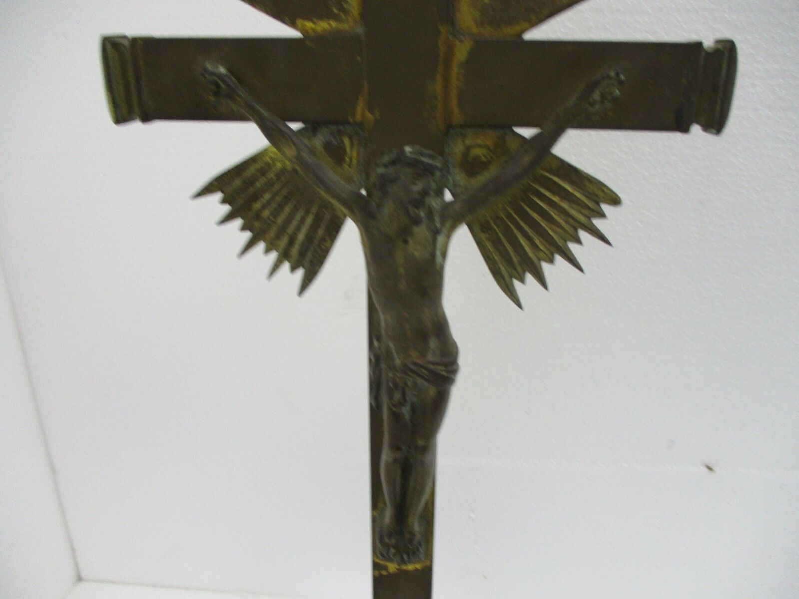Antique Xl Standing Altar Church Chapel Crucifix Jesus Christ Cross Brass 1800s photo for sale