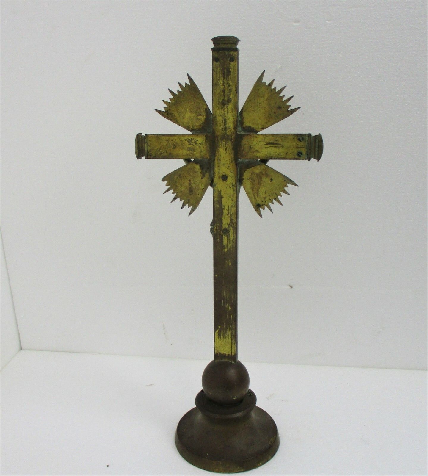 Antique Xl Standing Altar Church Chapel Crucifix Jesus Christ Cross Brass 1800s photo vintage