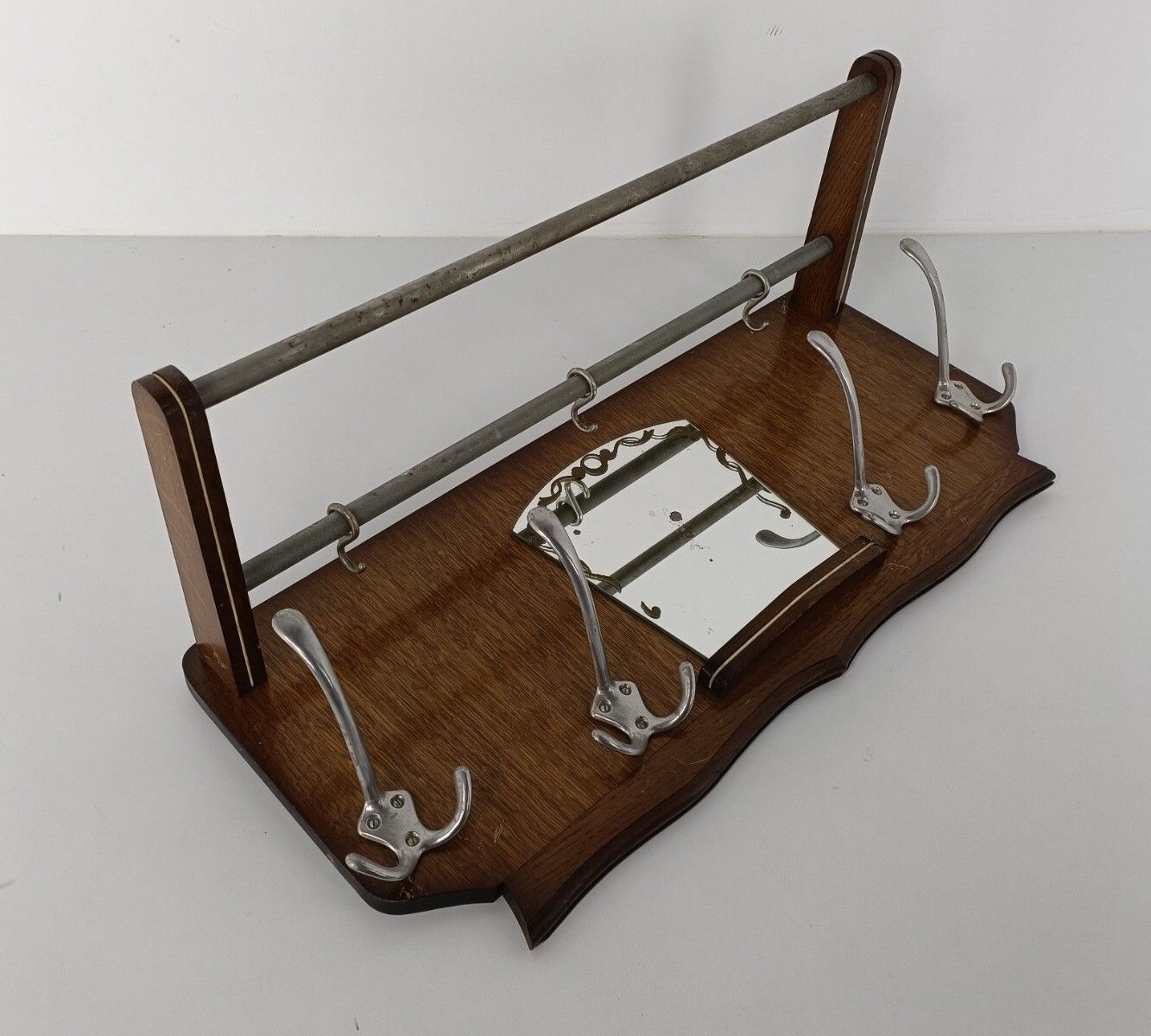 Vintage Wall Coat Rack Mid Century Modern Railroad Industrial Wood Chrome photo Furniture