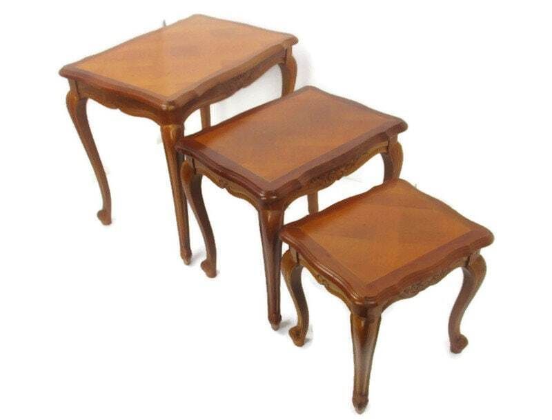 Set Of 3 Mid Century Wooden Stacking Nesting Side Tables Inlay Look