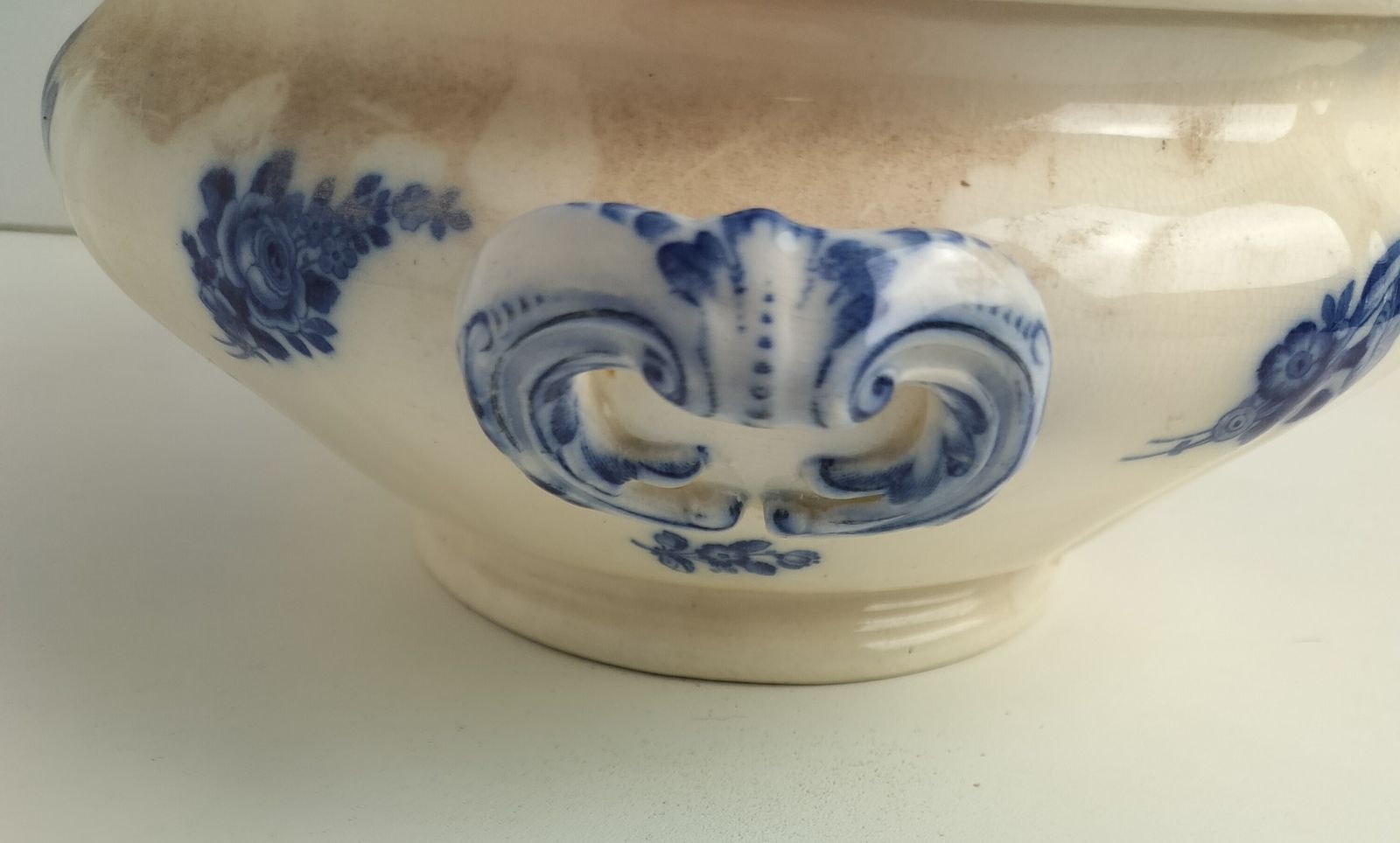 Art Nouveau Antique  Boch Mettlach Blue Rose Germany  Serving Bowl Dish  Soup Tu photo for sale